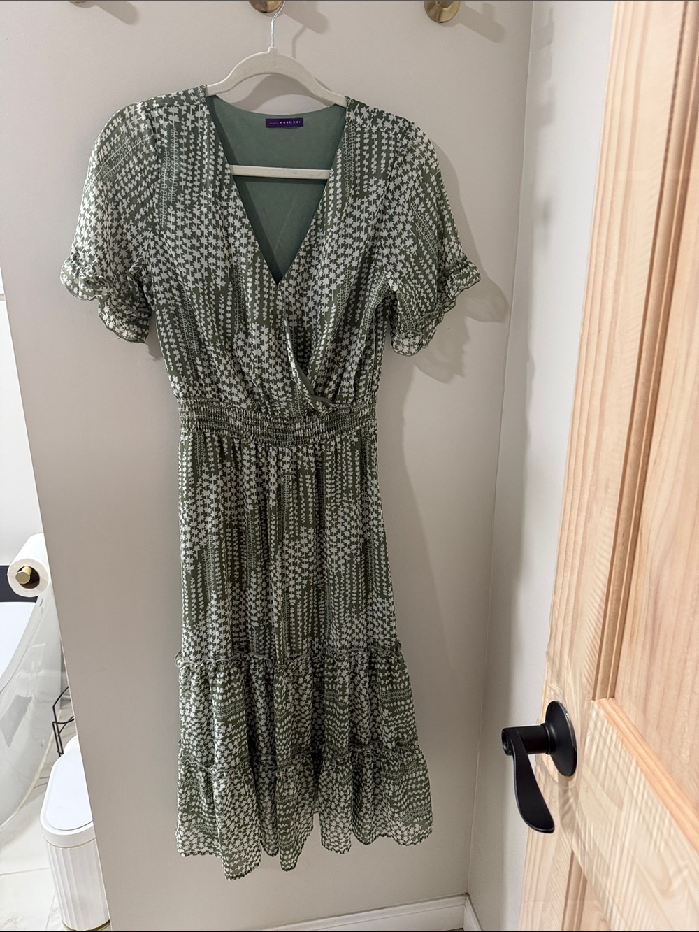West Kei Olive Green Patterned Wrap Midi Dress